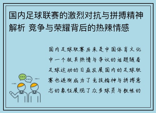 国内足球联赛的激烈对抗与拼搏精神解析 竞争与荣耀背后的热辣情感