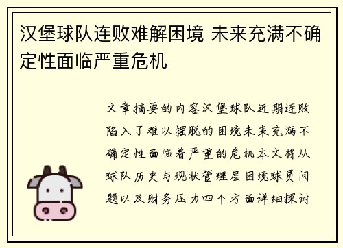 汉堡球队连败难解困境 未来充满不确定性面临严重危机