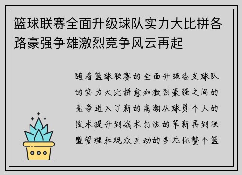 篮球联赛全面升级球队实力大比拼各路豪强争雄激烈竞争风云再起