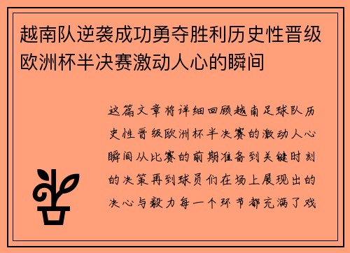 越南队逆袭成功勇夺胜利历史性晋级欧洲杯半决赛激动人心的瞬间
