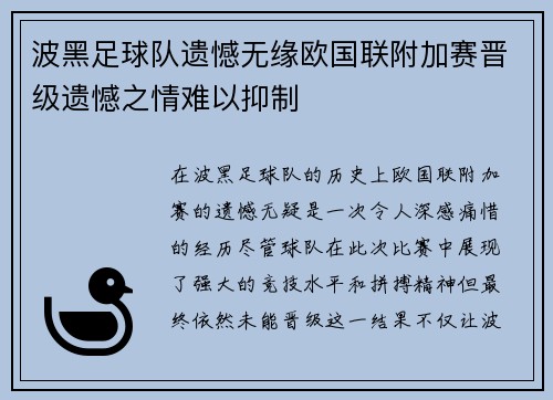 波黑足球队遗憾无缘欧国联附加赛晋级遗憾之情难以抑制